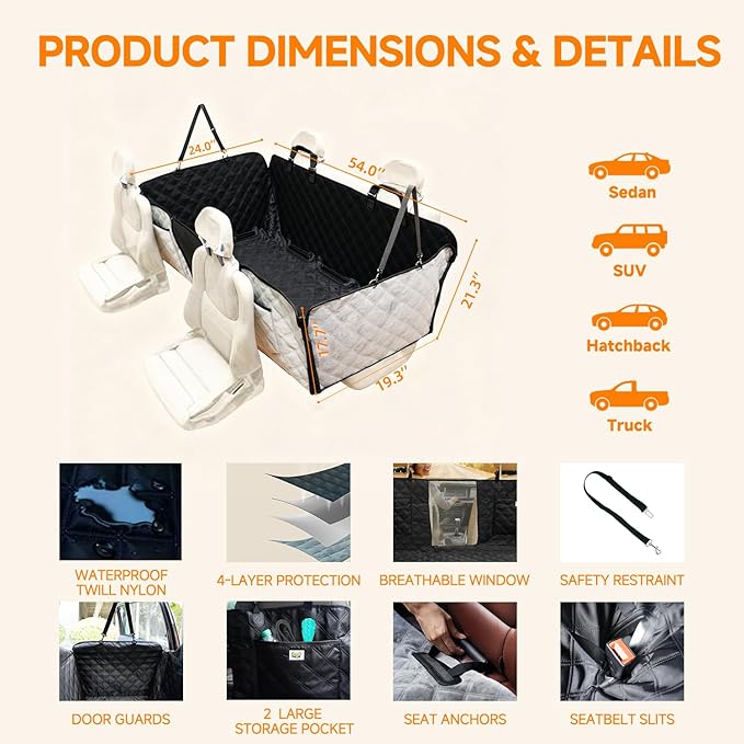 PETTALK Deluxe Double Sided Dog Car Seat Cover for Back Seat, Waterproof, Reversible Large Dog Car Seat Hammock, Back Seat Pet Cover for Dogs, Car Seat Protector, for Cars SUVs Trucks,All Seasons