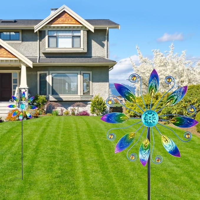 VEWOSTAR Metal Wind Spinners Outdoor 10” Dia Wind Spinners for Yard and Garden Kinetic Windmill Waterproof Wind Sculptures & Spinners for Patio Lawn Decor(37.8” H)