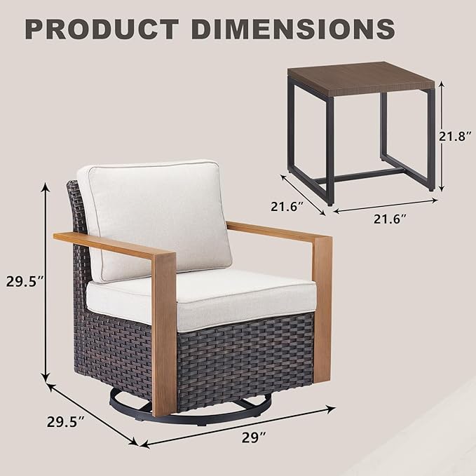 Outdoor Patio Swivel Rocker Chairs - 3 Piece Wicker Patio Furniture Bistro Set with 2 Swivel Rocking Chairs and 1 Metal Side Table,Thick Cushions,Deep Seating for Deck Porch Garden(Brown/Beige)