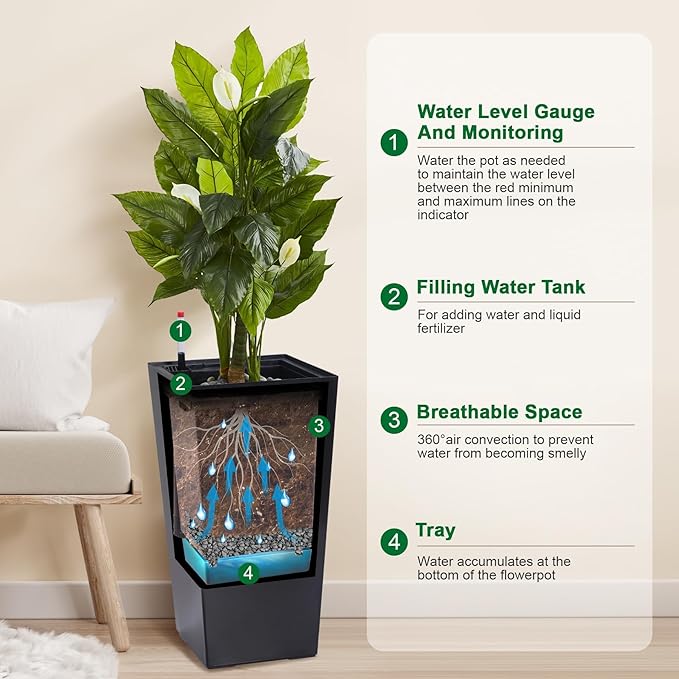 Set of 2 Tall Planters for Outdoor Plants, 22.5" Large Planter Pots with Drainage Holes & Water Level Monitor, Self-Watering Flower Pots for Patio, Porch, Garden, Front Door Decor, Indoor Outdoor