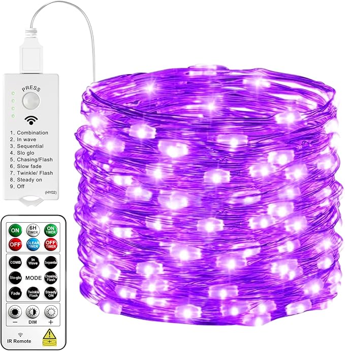 HXWEIYE Rechargeable Fairy Lights with Remote & DIY Timer, 33ft 100LED Battery Operated Twinkle String Lights, 8 Modes Decor Light for Bedroom Indoor Wedding Dorm Christmas Tree Party (Purple)