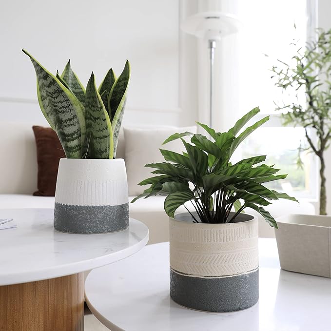 LA JOLIE MUSE Flower Pots Indoor Plant Pot Set of 2, Unique Small Ceramic Plants Planter, 6.4+ 5.1 Inch Planters, Gray & Ivory White