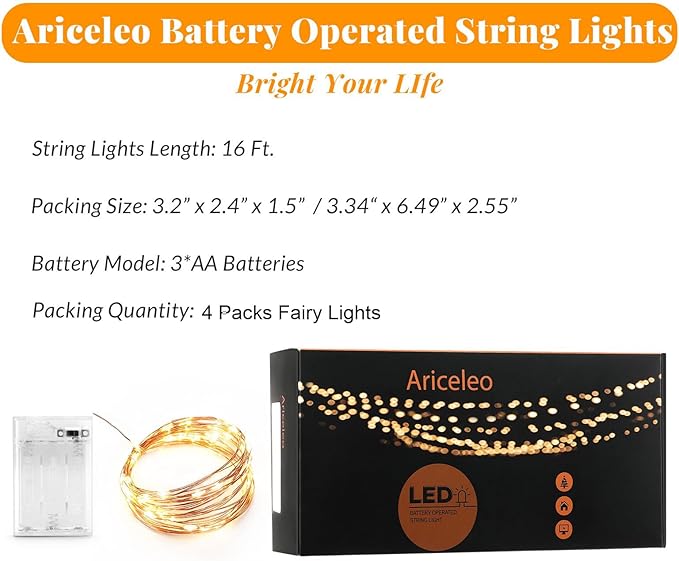 Led Fairy Lights Battery Operated, 4 Packs Mini Battery Powered Copper Wire Starry Fairy Lights for Bedroom, Christmas, Parties, Wedding, Centerpiece, Decoration (5m/16ft Warm White)