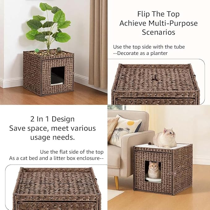 unipaws Cat Litter Box Enclosure with Faux Plant and Litter Mat, Hidden Handwoven Rattan Planter Cat House Furniture, DIY Decoration on Square Top by Yourself, for Living Room, Bedroom, Corner