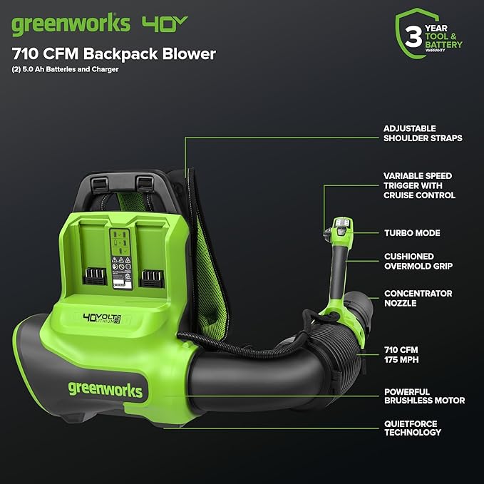 Greenworks 40V (710 CFM / 175 MPH) Brushless Backpack Blower, Commercial Power for Wet Leaves, Heavy Debris, Gravel and Driveway Snow, Includes (2) 5.0Ah HP Batteries & 4A Dual Charger