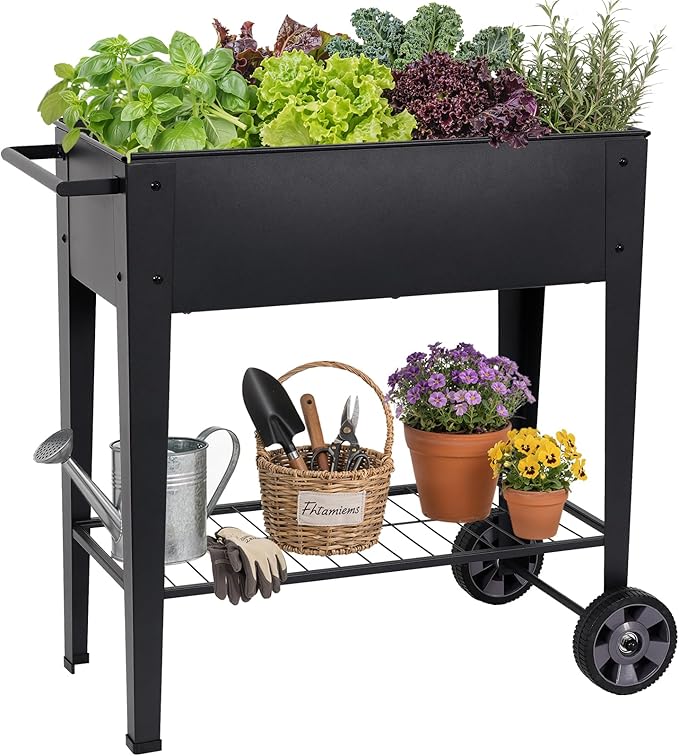 Elevated Raised Garden Bed with Legs- Galvanized Raised Beds for Gardening on Wheels, Anti-Rust Steel Planter Box with Storage Rack& Drain Hole for Backyard Patio Balcony (Black)