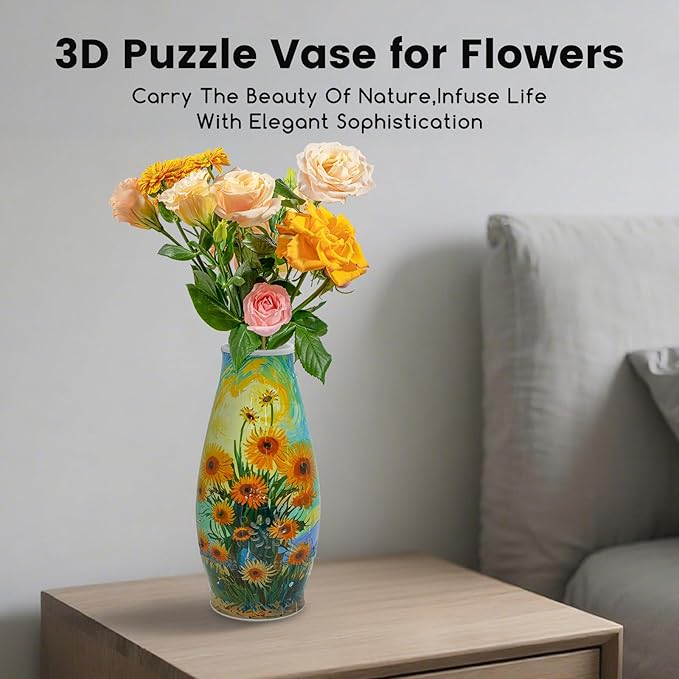 MYLARREN 3D Puzzle Vase for Adults & Kids, 152 Pcs 3D Puzzle Planter Vases for Flowers, Arts and Crafts for Kids 4-6, Adults, Girls, Cute Unique Flower Vases with Night Light(Sunflower)
