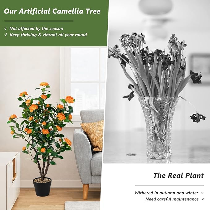 Goplus 40” Artificial Camellia Tree, Flower Plants Artificial Tree, Faux Floral Plant Blooming Tree in Cement Pot, Greenery Potted Plant for Indoor Outdoor Office Home Porch Decor, Free Maintenance