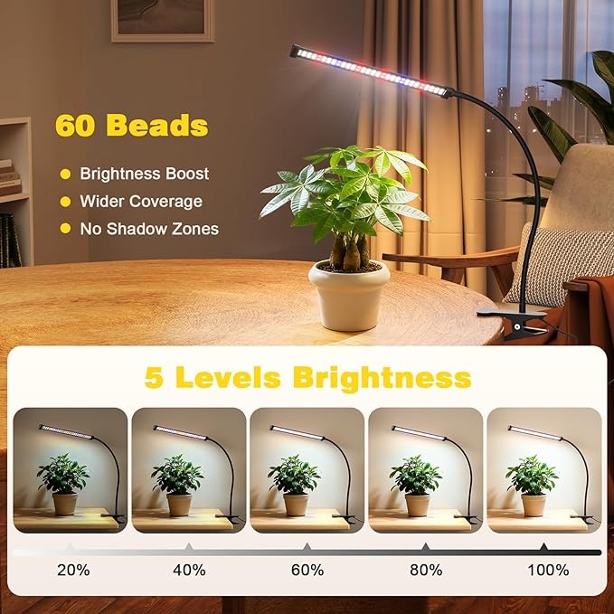 Sonamindary LED Grow Light, 5700K Full Spectrum Clip Plant Growing Lamp with White Red LEDs for Indoor Plants, 5-Levels Dimmable, Auto On Off Timing 4/8/12/18Hrs(Single Head)