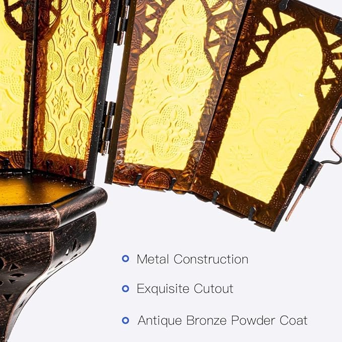 DECORKEY Ramadan Lantern Decorative Indoor & Outdoor, 13.6’’ Vintage Decorative Hanging Lanterns with Chian for Home Porch Patio Decor, Metal Christmas Moroccan Candle Holder Decorations (Amber)