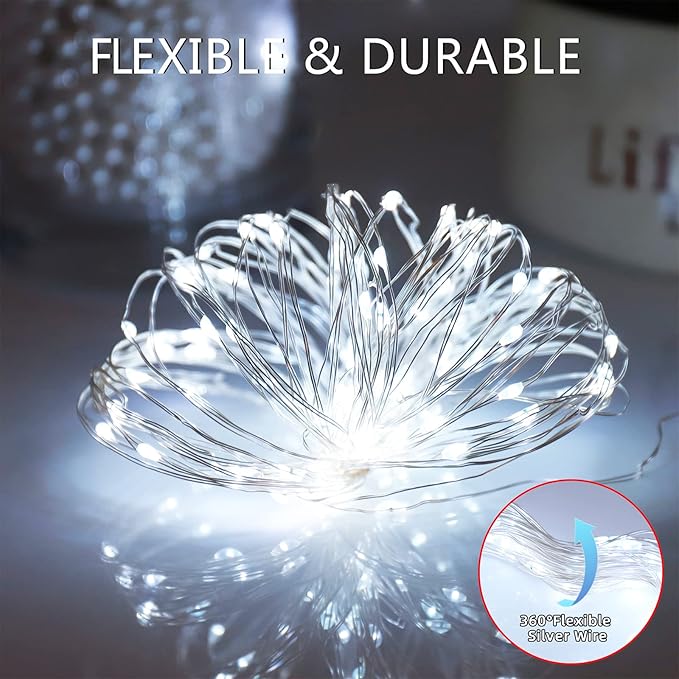 YAOZHOU Solar Fairy String Lights for Outside, Outdoor Waterproof, Cool White 2Pack Total 200LED 66Ft 8 Modes Mini Mini Small Solar Powered Lights for Christmas, Garden, Patio, Fence, Balcony
