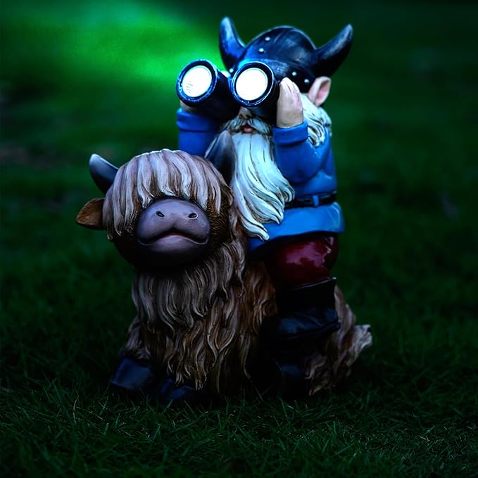 Tolimi Garden Gnome Sitting on Highland Cow Outdoor Statue wiht Solar LED Light Funny Decoration for Yard and Patio Gifts for Mom Christmas Decorations