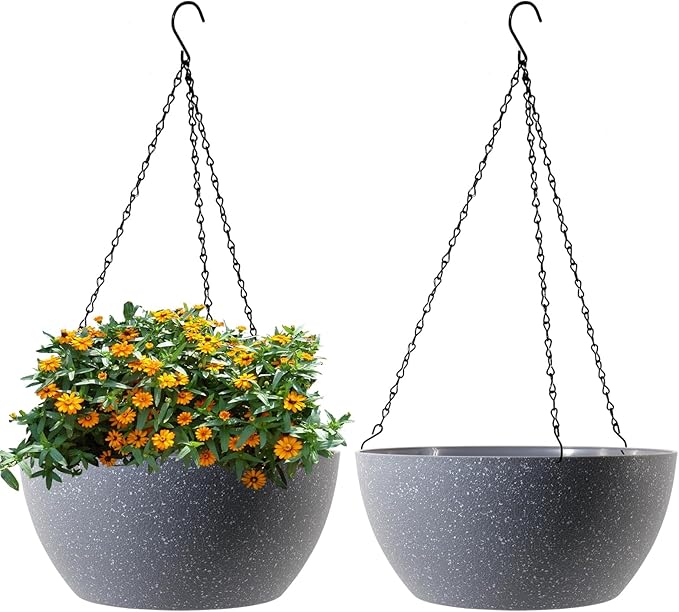 WSMKSZ 13 inch Large Hanging Planters Plant Pots for Outdoor Indoor Plants with Drainage Holes and Chain, 2 Pack Round Hanging Flower Pots for Garden Home Porch Decor, Speckled Grey