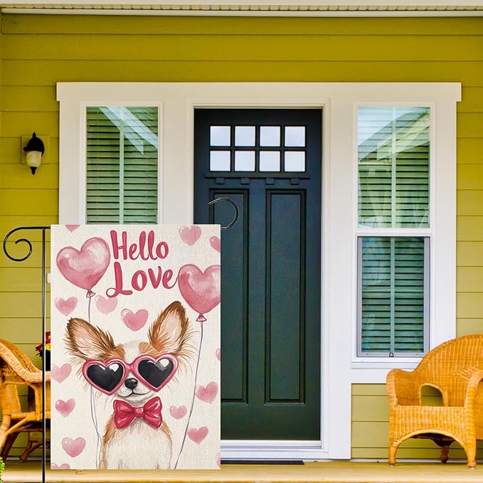 Valentine's Day Papillon Hello Love Garden Flag, House Yard Plaid Love Heart Outside Decoration, Spring Holiday Wedding Anniversary Outdoor Small Decor 12x18(12632)