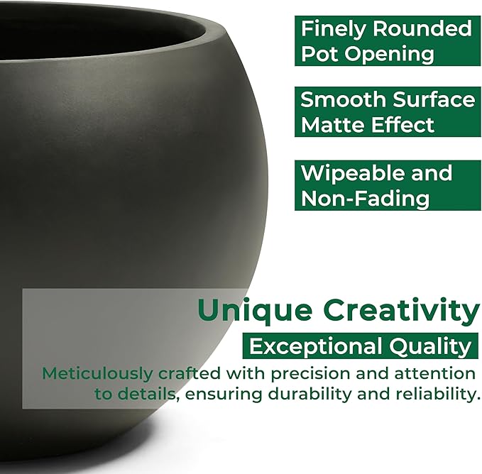 FloraFairy Fiberstone Sphere Planter, Black 19.3" Dia Large Flower Pot with Drainage Hole and Silicone Plug, Round Plant Container for Indoor or Outdoor, 15" Opening-13 H Large