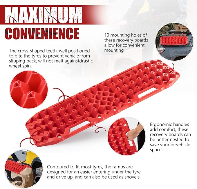 BUNKER INDUST Off-Road Traction Boards with Jack Base,Pair Recovery Track 4X4 Jeep Truck Emergency Tire Traction Mat with Bag -Sand, Mud, Snow Tracks Red Traction Pad (Gen 7th)
