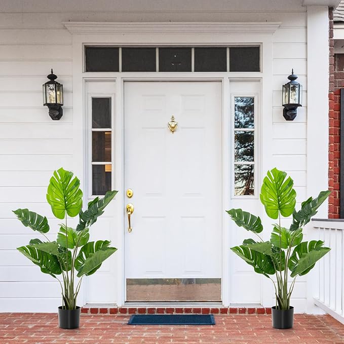 4FT Fake Monstera Deliciosa Plants, Faux Monstera Plant w/15 Turtle Leaves, Cement-Filled Plastic Pot, 60 Inch Fake Plant for Indoor Home Office Living Room Decoration Set of 2
