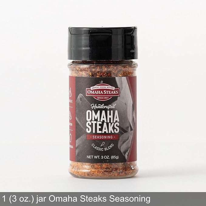 Omaha Steaks Deluxe Package, Gift-Ready or Stock Up, 21 items,12 entrees - 4 Bacon-Wrapped Filet Mignons, 4 Steak Burgers, 4 Gourmet Jumbo Franks, 4 Au Gratin Potatoes, 4 Caramel Apple Tartlets, 1 jar Omaha Steaks Seasoning