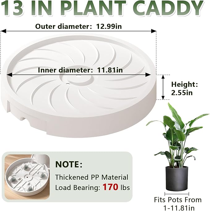 MCleanPin 2 Pack Plant Caddy with Hidden Wheels, 13" Heavy Duty Rolling Plant Stand with Removable Drainage Tray and Silent Casters Round Flower Pot Mover Planter Dolly for Indoor Outdoor White