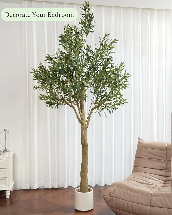Sillaff Artificial Tree, 8FT(96in) Fake Tree Large Faux Plants Indoor Tall Faux Olive Tree with Pot, Nearly Natural Olive Branches and Fruits for Living Room Office Home Decor
