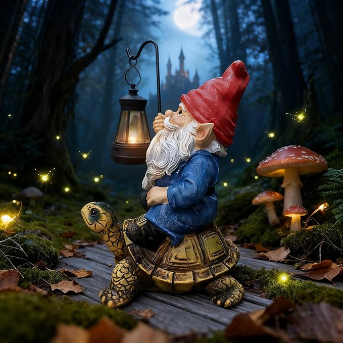 Garden Gnome Statue - Riding Turtle Outdoor Garden Statue Decorations with Solar LED Lights, 7.9" Figurine Ornament for Patio, Yard, Funny Lawn Decor Valentine's Day Gifts for Her, Wife, Sister