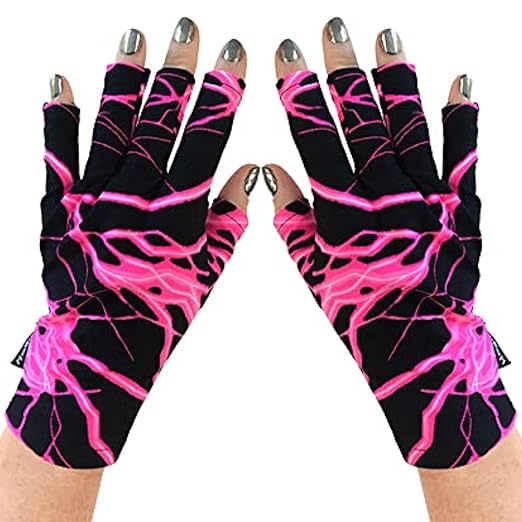 ManiGlovz - The Original UPF 50+ UV Light Protective Nail Gloves | Gel Manicure Gloves and Anti UV Fingerless Gloves for Women | Can be Used as Sun Protection Gloves for Driving |Pink Lightning Print