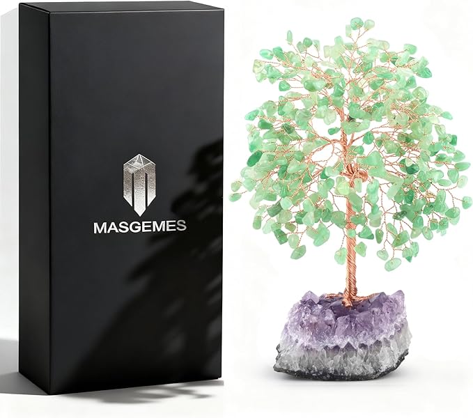 MASGEMES Crystal Tree of Life,Natural Green Aventurine (406 Beads Count) Amethyst Cluster Base, Positive Energy Feng Shui Gem Bonsai Money Tree Good Luck,Gift Size 8.5-9 Inches