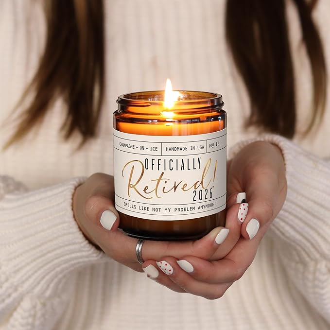 Retirement Gift for Woman - 'Officially Retired 2026' Candle, w/Champagne on Ice I Happy Retirement Gifts for Women 2025 I Retired Gifts for Women I 50Hr Burn, Made in USA