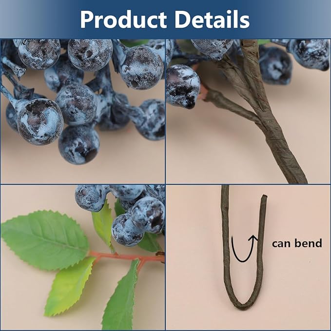 Fake Blueberries Artificial Berry Picks for Decor,Artificial Blueberry Stems for Lifelike Fruits Arrangement Flowers DIY Christmas Wedding Crafts-3 Pack