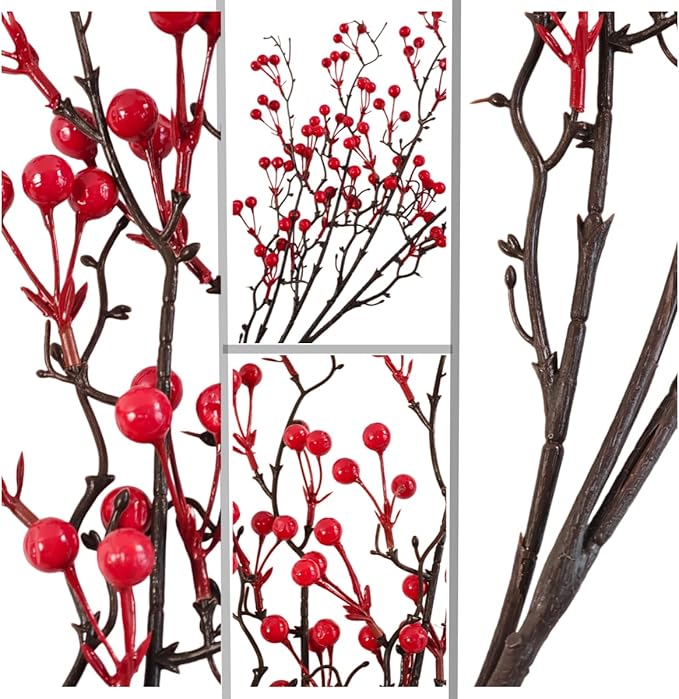 KYMY Artificial Red Berry Branch 27.5 Inch, Faux Winter Berry Stem for 2026 Chinese Vietnamese New Year Decorations, Realistic Holiday Floral Pick for Vase Table Home Party Decor