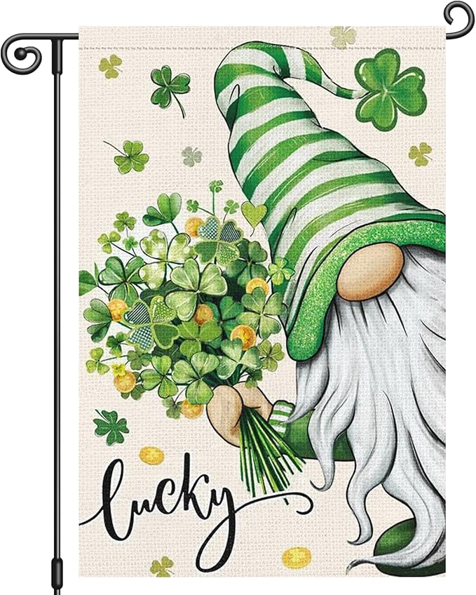 Louise Maelys St Patrick's Garden Flag Gnome Lucky Shamrock Clover 12x18 Inch Double Sided Floral Small Burlap Welcome Saint Patricks Spring Holiday Yard Sign Outside House Decor