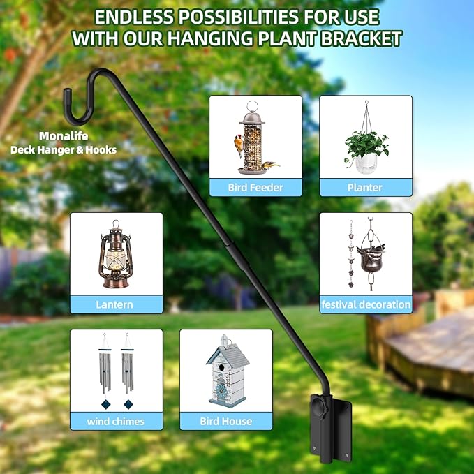 Monalife Deck Hook Wall Mounted,Extended Plant Hanger Outdoor,Bird Feeder Hanger-Metal Fence Shepherds Hooks Bracket for Hanging Hummingbird Feeder,Planter,Flower Baskets,Lantern-360°Rotating Pole