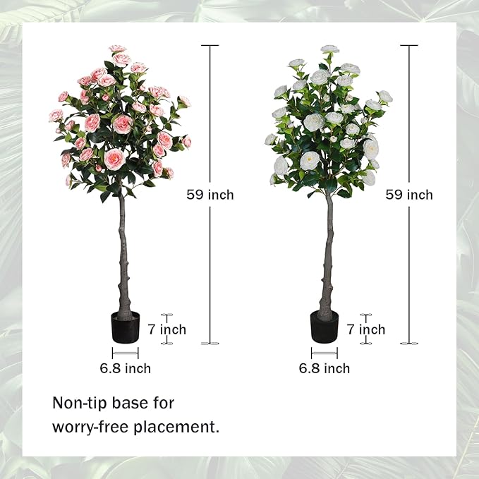 4.9 Ft Artificial Camellia Tree, 40 Flowers, Pink Faux Potted Plant, Indoor Outdoor Decor for Home, Office, Porch, Patio, Pack of 1