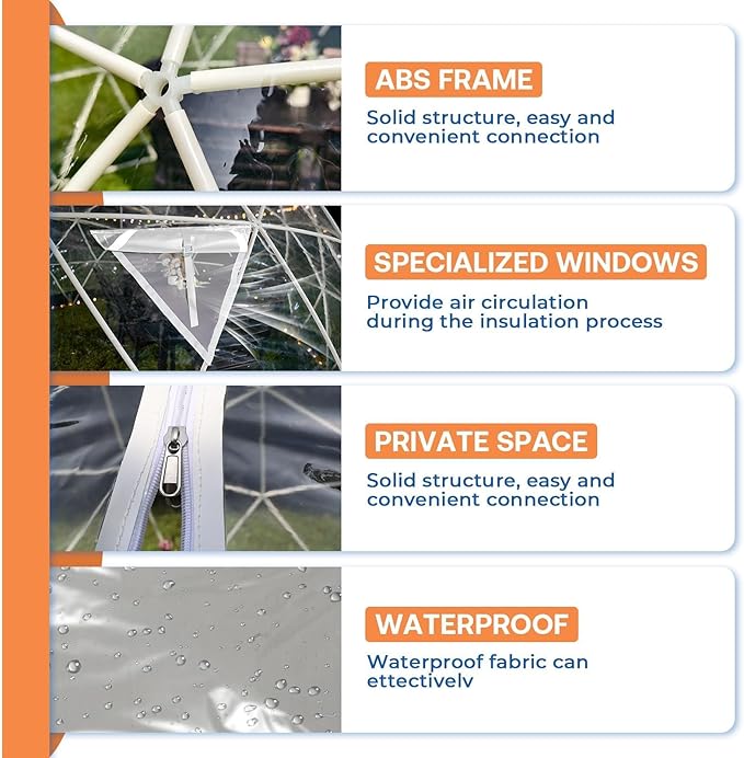 Garden Dome Tent 12*7.2FT, 360° View Geodesic Dome Greenhouse with PVC Clear Cover, Waterproof Garden Bubble Dome Tent House with 2 x 10M Light Strings for Outdoor, White