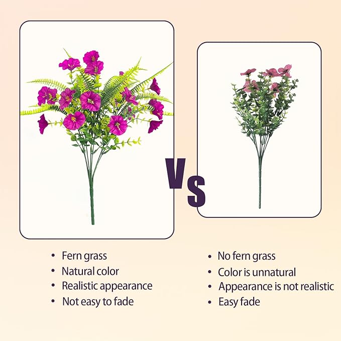 HIAGROW Artificial Flowers Outdoors 12 Bundles Artificial Petunias Fake Flowers UV Resistant Shrubs Plants with Fern for Indoor Outside Hanging Planters Home Garden Summer Decorations (Magenta)