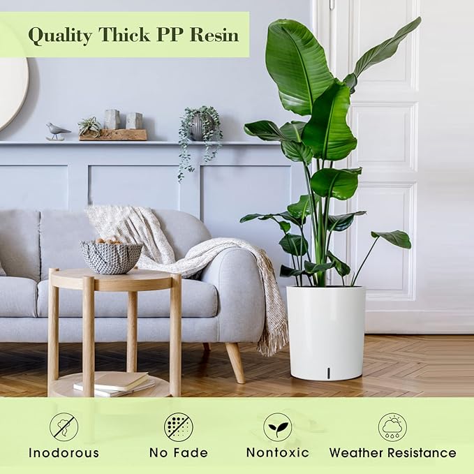 SAROSORA Large Round Self Watering Planter Pot 12.5'' 2-Pack for Home Garden Patio Tall Tree(White 2-Pack)