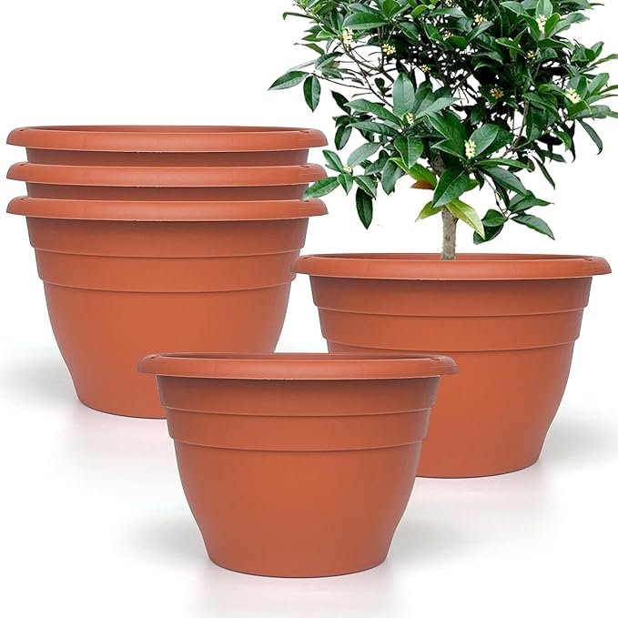 RooTrimmer 5 Pack 10 Inch Plastic Plant Pots Lightweight Planters with Drainage Holes,Durable Indoor & Outdoor Flower Pots for Garden,Patio & Home Decor(Pottery Red)