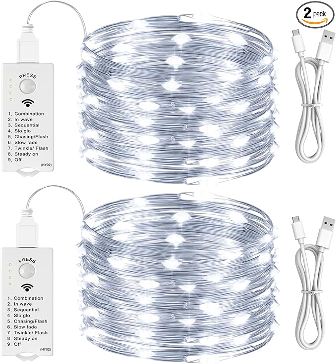 HXWEIYE Rechargeable Fairy Lights Battery Operated, DIY Timer & 8 Modes, 2 Pack 16FT 50LED Twinkle String Lights Indoor, Led mini Lights for Bedroom Wedding Dorm Christmas Tree Decor (White)