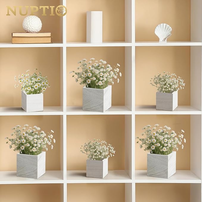 NUPTIO Wooden Box for Centerpiece Wedding: 6 Pcs Rustic Square Planter Box Farmhouse Table Fall Decor - 4×4" & 5×5" Whitewashed Small Wood Vases Flower Pots for Windowsill Home Garden