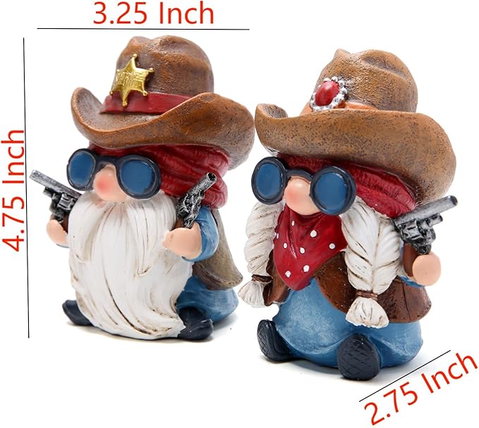 Hodao Cowboy and Cowgirl Gnome Figurines - Hand-Painted Western Resin Gnomes with Cowboy Hats, Sheriff Badge and Bandana - Rustic Farmhouse Decor and Gift for Tiered Tray, Mantel, Tabletop