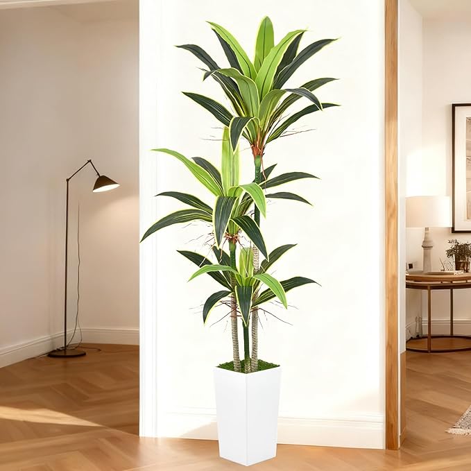 Aritificial Dracaena Tree 6FT Faux Floor Plant in Tall White Pot with Realistic Trunks and 46 Leaves Fake Tropical Yucca Plant for Home Office Decor Indoor Housewarming