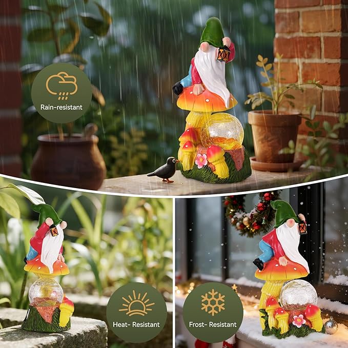 Garden Gnomes Outdoor Statues with Light, Spring Gnomes Decorations for Yard, Solar Garden Gnome with Mushroom Decor, Lawn Ornaments for Patio, Balcony Housewarming- Unique Women Gifts