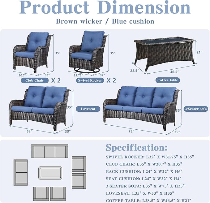 Belord Outdoor Furniture Wicker Conversation Sets - 7 Piece Patio Rattan Furniture Sets with Swivel Rocker Chairs Outdoor Sofa for Porch Deck Backyard Brown/Blue