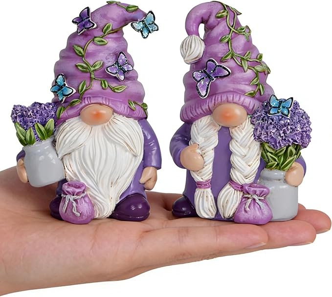 Hodao 2PCS Purple Lavender Butterfly Gnome Figurine Set for Yard, Lawn, Patio, Porch - Weatherproof Resin Garden Decoration - Outdoor Decor & Unique Gnome Gift for Women