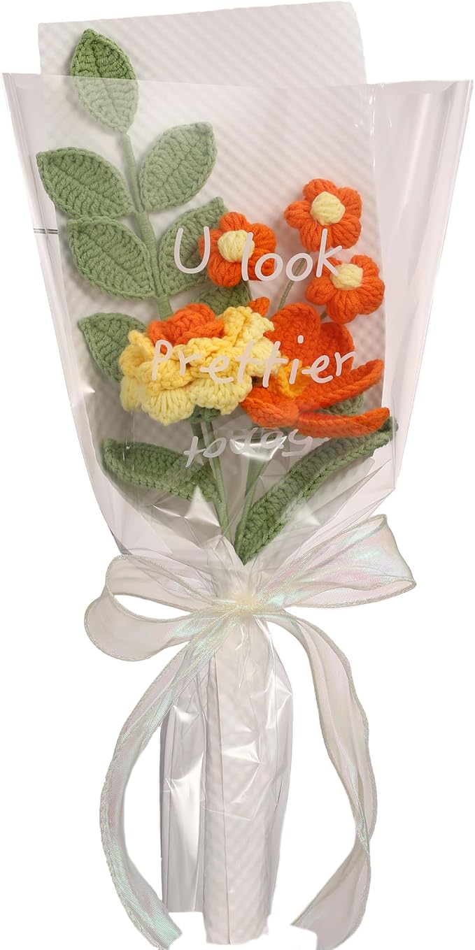 YOOJEE Crochet Flower Bouquet Yellow Rose Tulip Christmas Day Gift - Pet-Safe Handmade Knitted Florals for Women Coworkers Teachers with Greeting Card