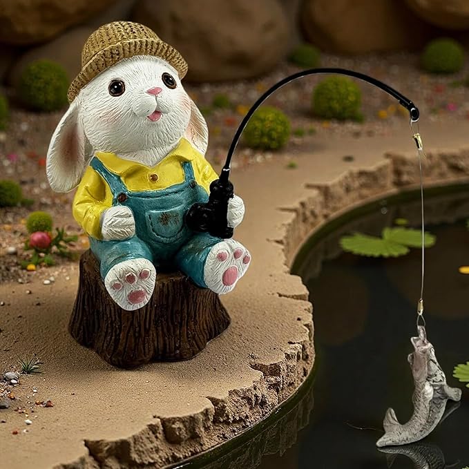 Garden Rabbit Pond Statues Decoration, Fishing Bunny Garden Statue Outdoor Koi Pond or Waterfall Decor, 7.1" Rabbit Fishing Poolside Statue, Animals Patio, Lawn Sculpture, Great Gifts for Mom & Women