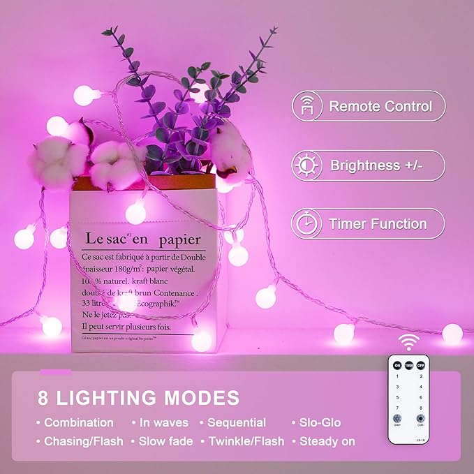 JMEXSUSS 100 LED Pink Valentine Lights Indoor,33 ft Connectable Globe String Lights Plug in, 8 Mode Fairy String Light with Remote for Bedroom Girl Room Anniversary Party Valentines Day Decorations