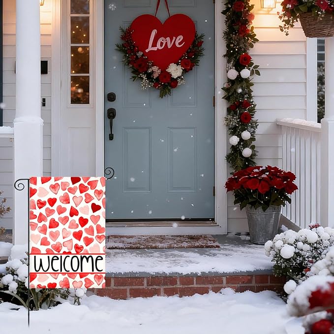 Welcome Love Hearts Garden Flags for Outside Decoration, Valentines Love Hearts Small Yard Flag, Anniversary Wedding Seasonal Farmhouse Holiday Outdoor Decor 12x18 Inch Vertical Double Sided