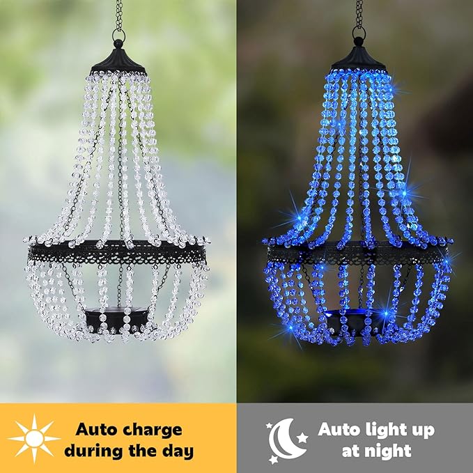 Hanging Solar Lantern Outdoor, 28” Modern Clear Crystal Acrylic Chandelier with 30 Blue Lights S Hook for Garden, Yard, Patio, Gazebo Decorations