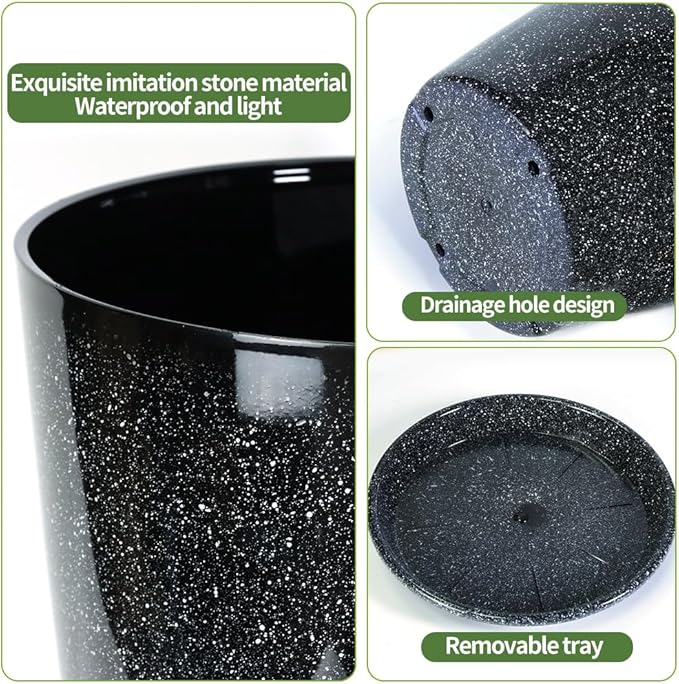 Megawodar 2 Pcs Pack 21 Inches Plastic Resin Tall Tapered Planter Pots Large Round Planter Flower Pot with Drainage Holes for Indoor Outdoor Deck Porch Garden Home Patio Front Door (Black, L)